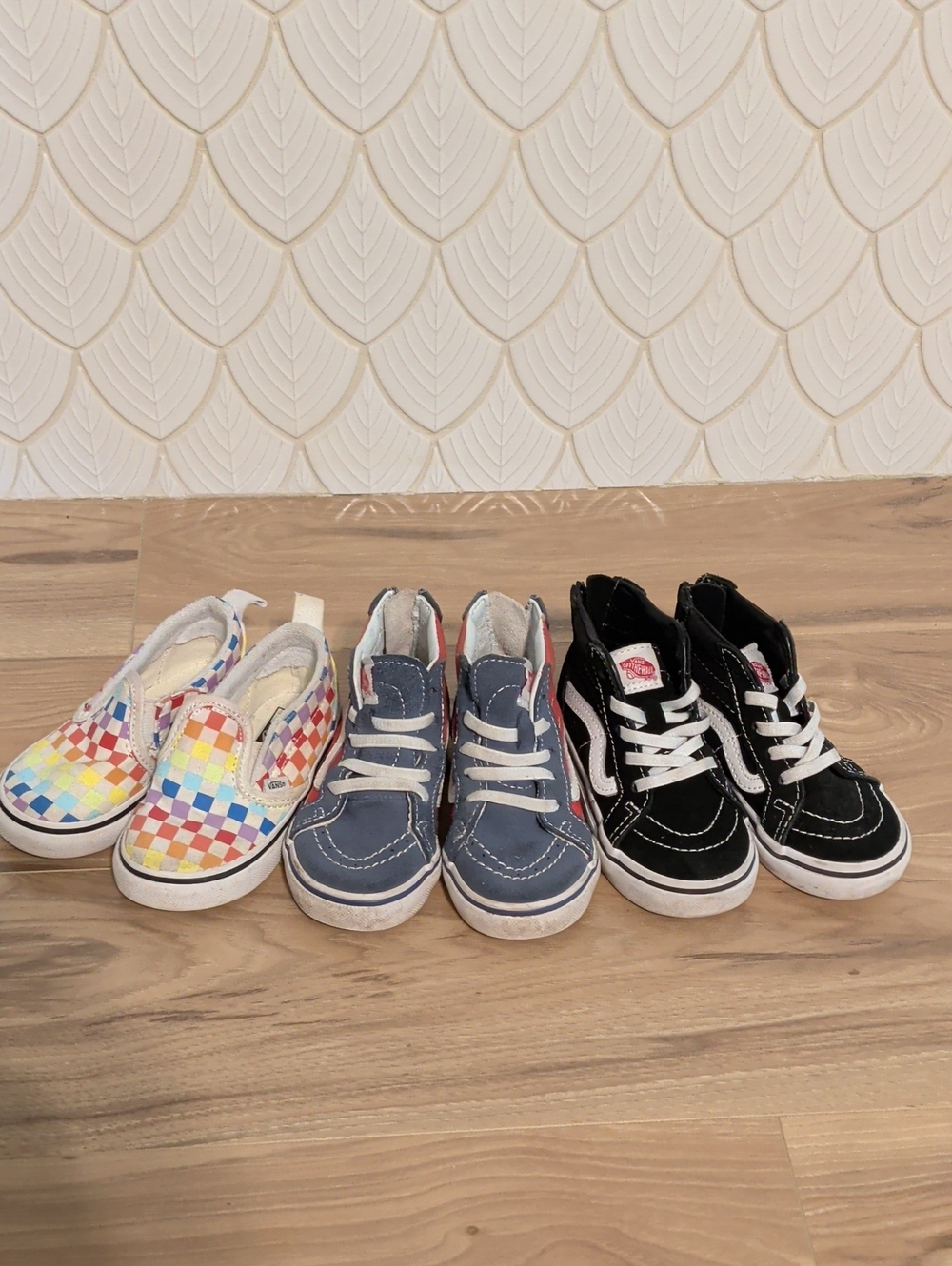 Vans Kids Rainbow Checkerboard Slip-On, Blue Lace-Up & Black Sk8-Hi Trio
